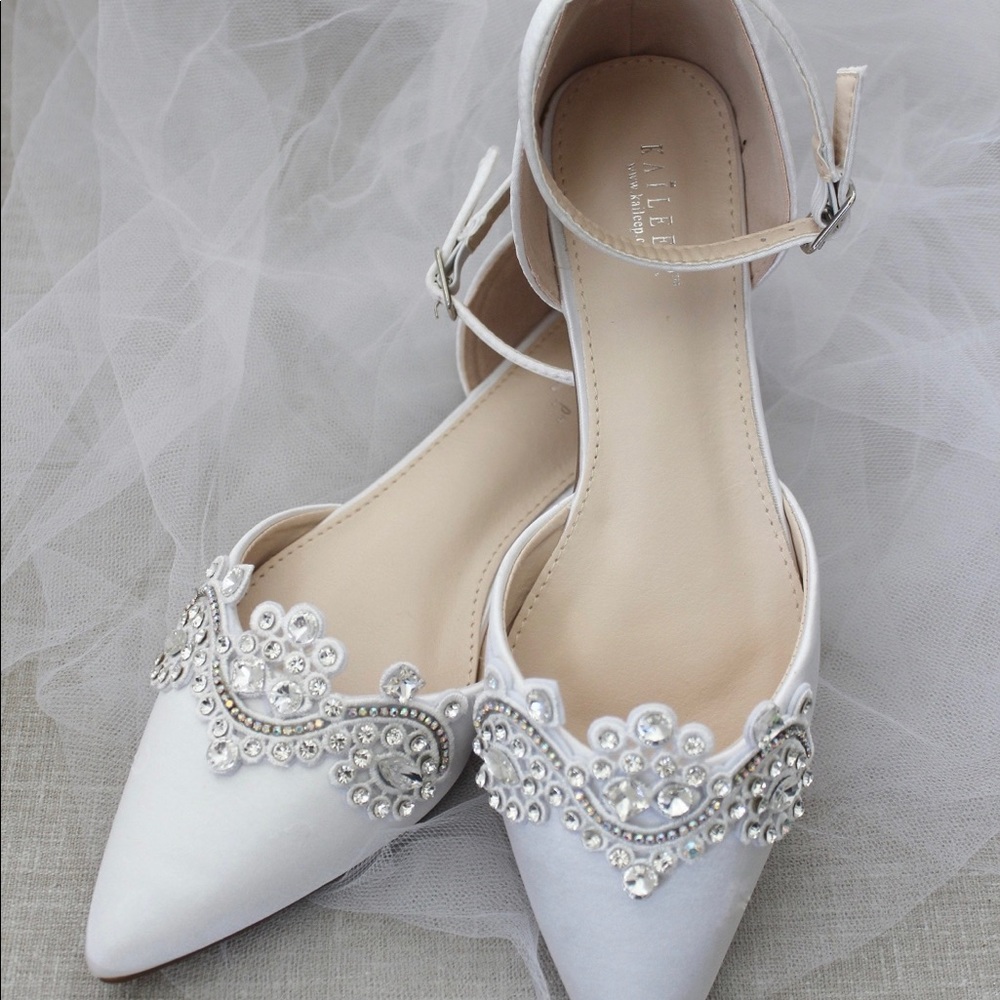 White Satin Wedding Shoes with Rhinestones